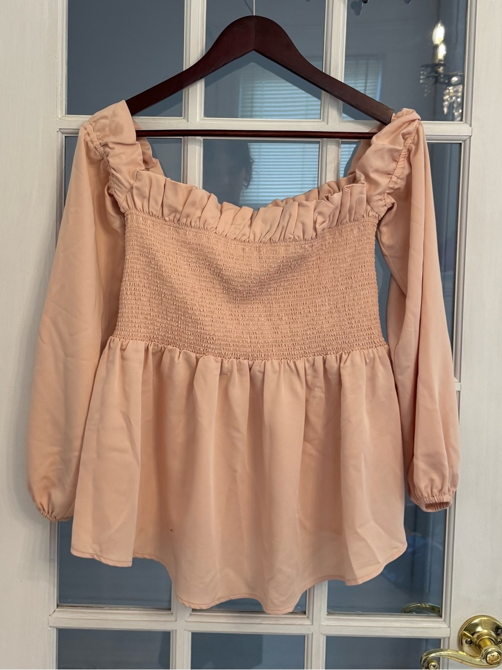 MARCIANO Women’s Blush Pink Smocked Off Shoulder Long Sleeve Top Size S
